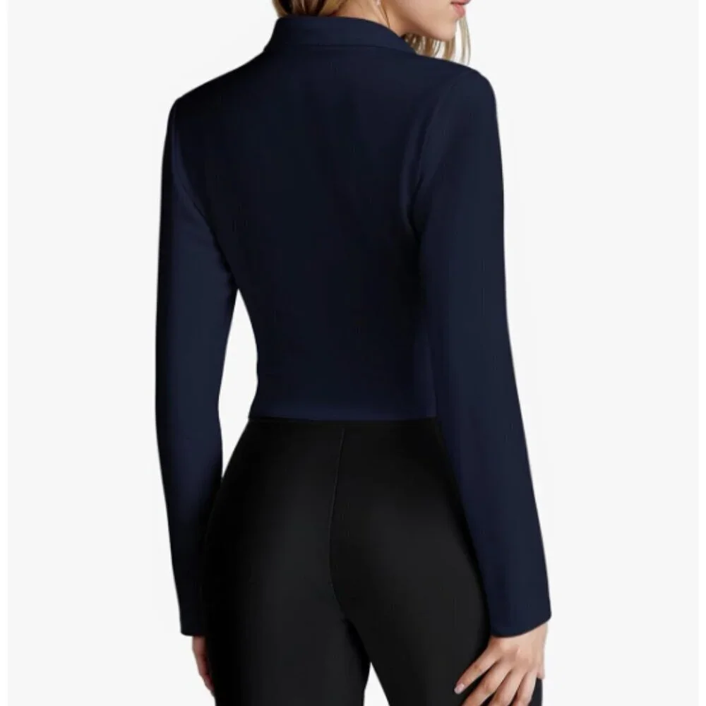 Hybrid & Company Super Stretch Navy Military Crop Blazer with Gold Accents, 1X